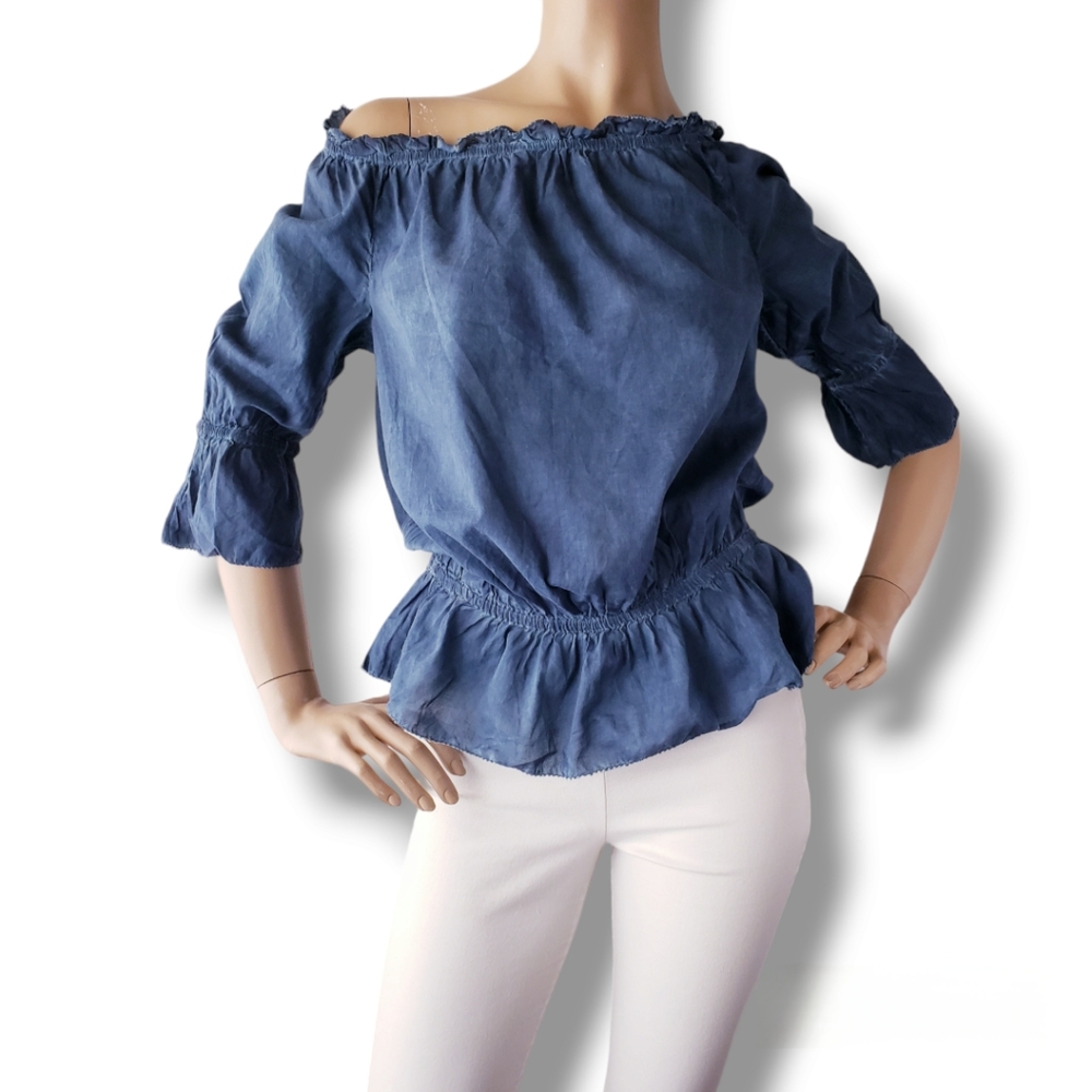 Lauren Ralph Lauren Blue Off Shoulder Cinched Waist Blouse